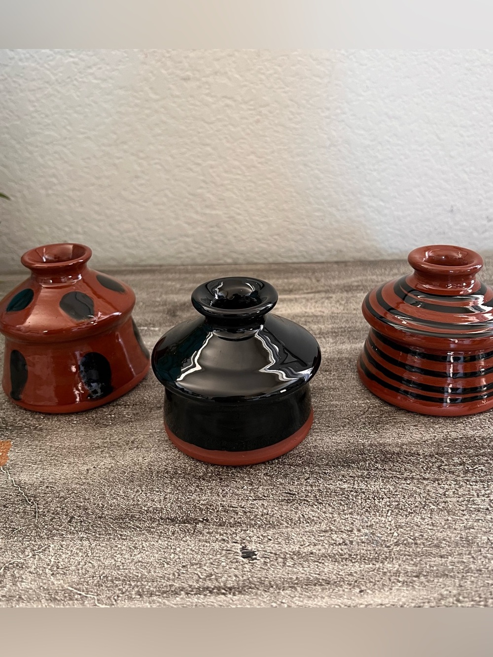 Set Of 3 Vintage Handthrown Redware Ceramic Inkwell or Vase Signed Nutt, MEL